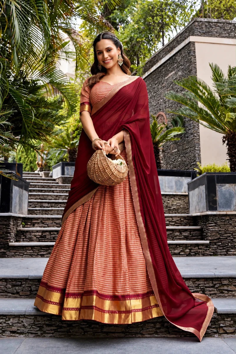 Peach & Maroon Checked Cotton Silk Half Saree with Zari Border - Aira Fabrics Designer Studio