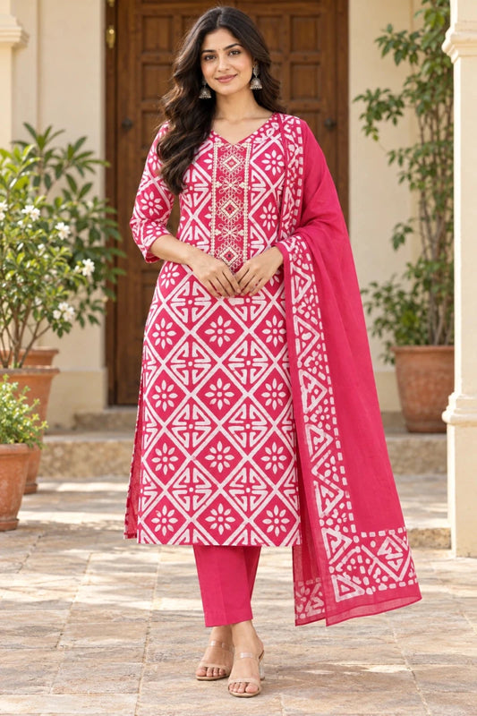 Pink Batik Print Cotton Kurti Set with Dupatta for Women - Aira Fabrics Designer Studio