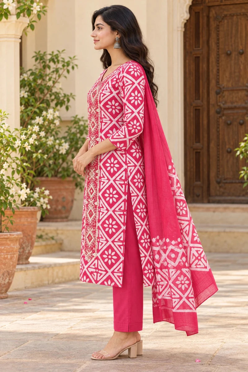 Pink Batik Print Cotton Kurti Set with Dupatta for Women - Aira Fabrics Designer Studio