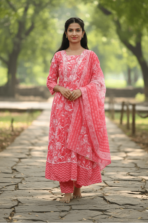 Pink Floral Print Anarkali Kurti Set With Dupatta For Women & Girls - Aira Fabrics Designer Studio