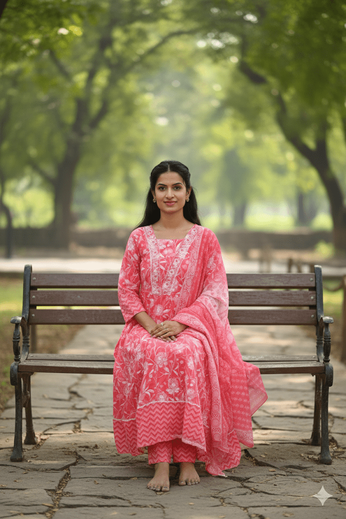 Pink Floral Print Anarkali Kurti Set With Dupatta For Women & Girls - Aira Fabrics Designer Studio