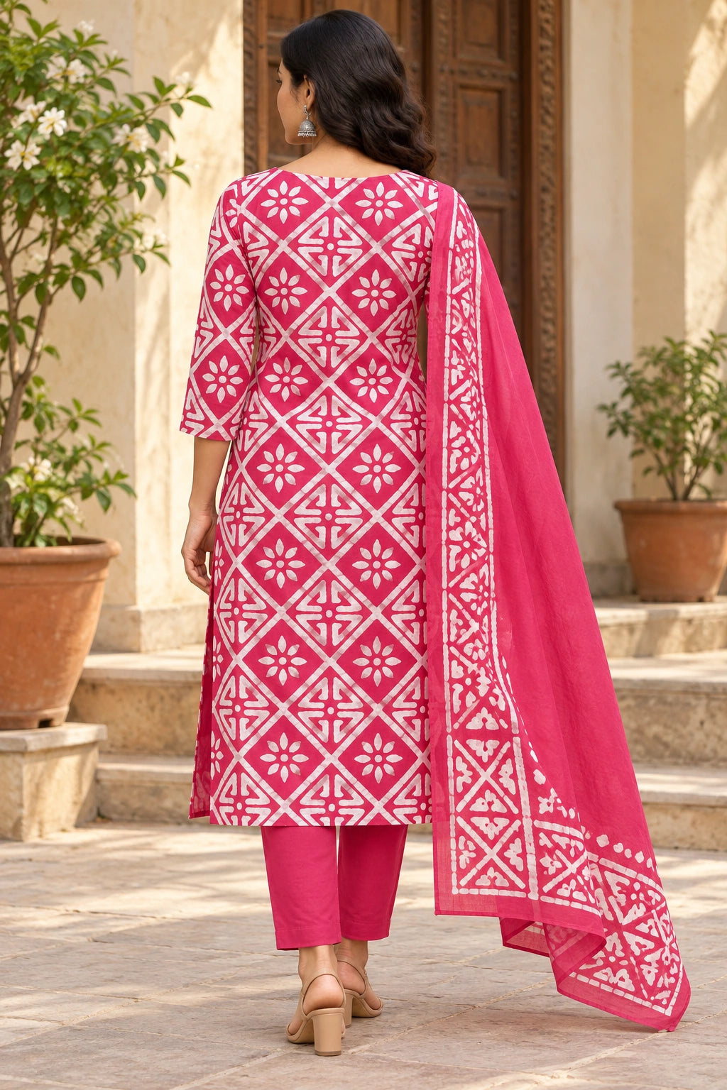 Pink Batik Print Cotton Kurti Set with Dupatta for Women