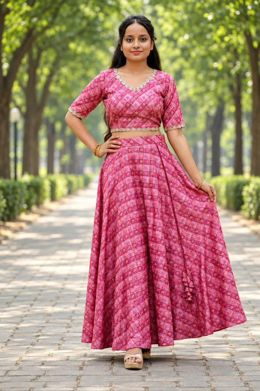 Pink Printed Ensemble With Geometric And Abstract Motifs Lehenga For Women & Girls