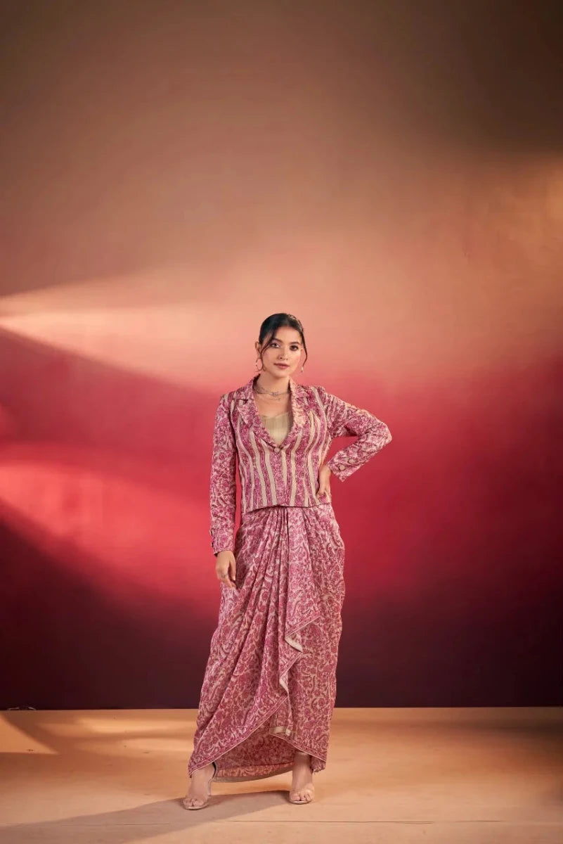 Pink Paisley Print Blazer with Draped Skirt Indo-Western Set for Women - Aira Fabrics Designer Studio