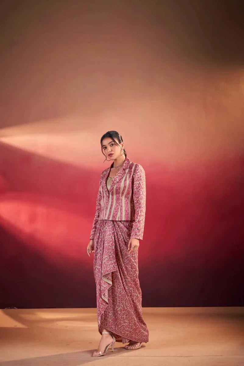Pink Paisley Print Blazer with Draped Skirt Indo-Western Set for Women - Aira Fabrics Designer Studio