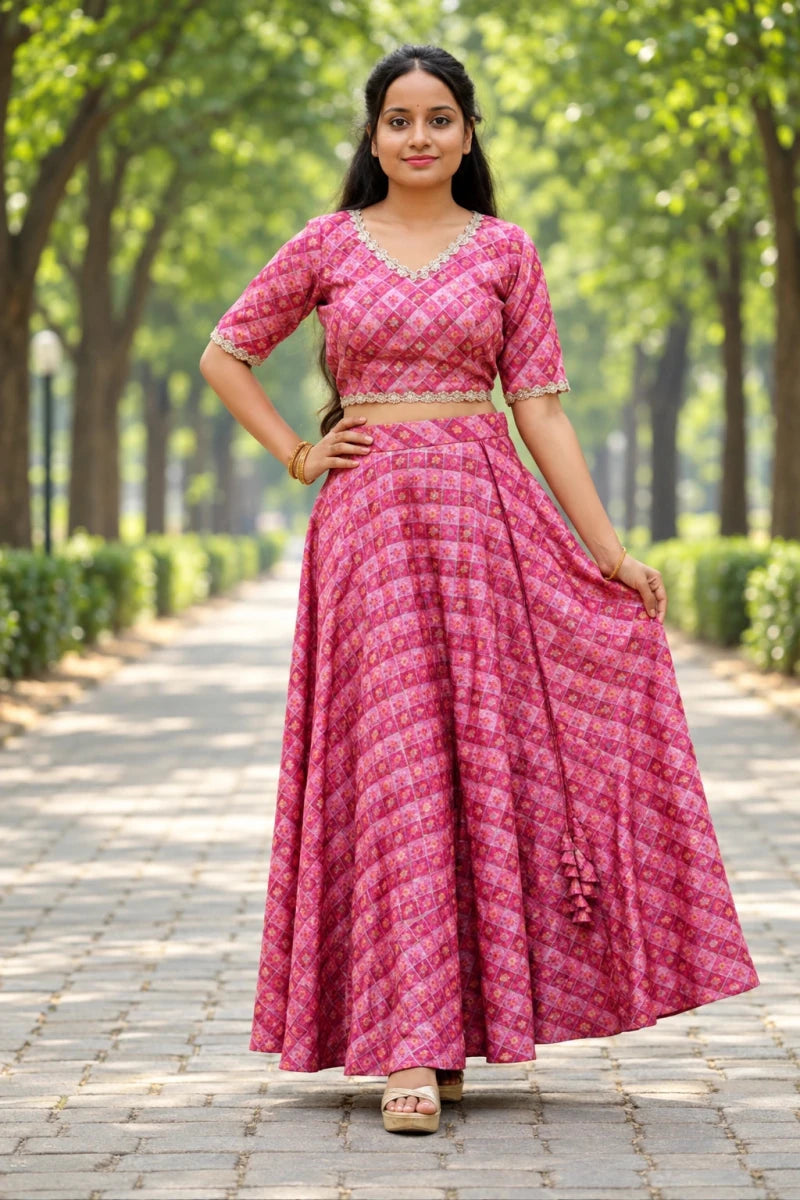 Pink Printed Ensemble With Geometric And Abstract Motifs Lehenga For Women & Girls - Aira Fabrics Designer Studio