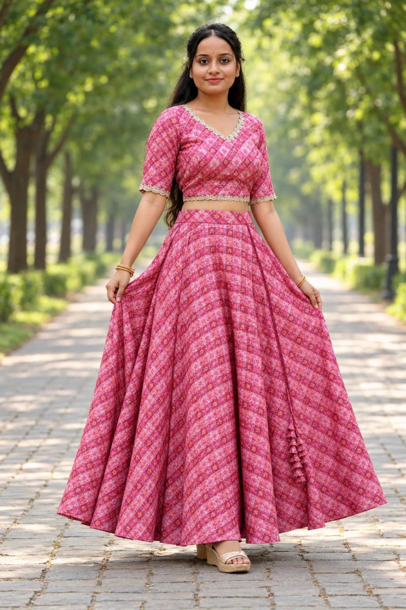 Pink Printed Ensemble With Geometric And Abstract Motifs Lehenga For Women & Girls - Aira Fabrics Designer Studio
