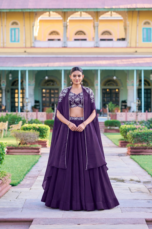 Wine Purple Cape Style Chinon Lehenga with Embroidered Crop Top