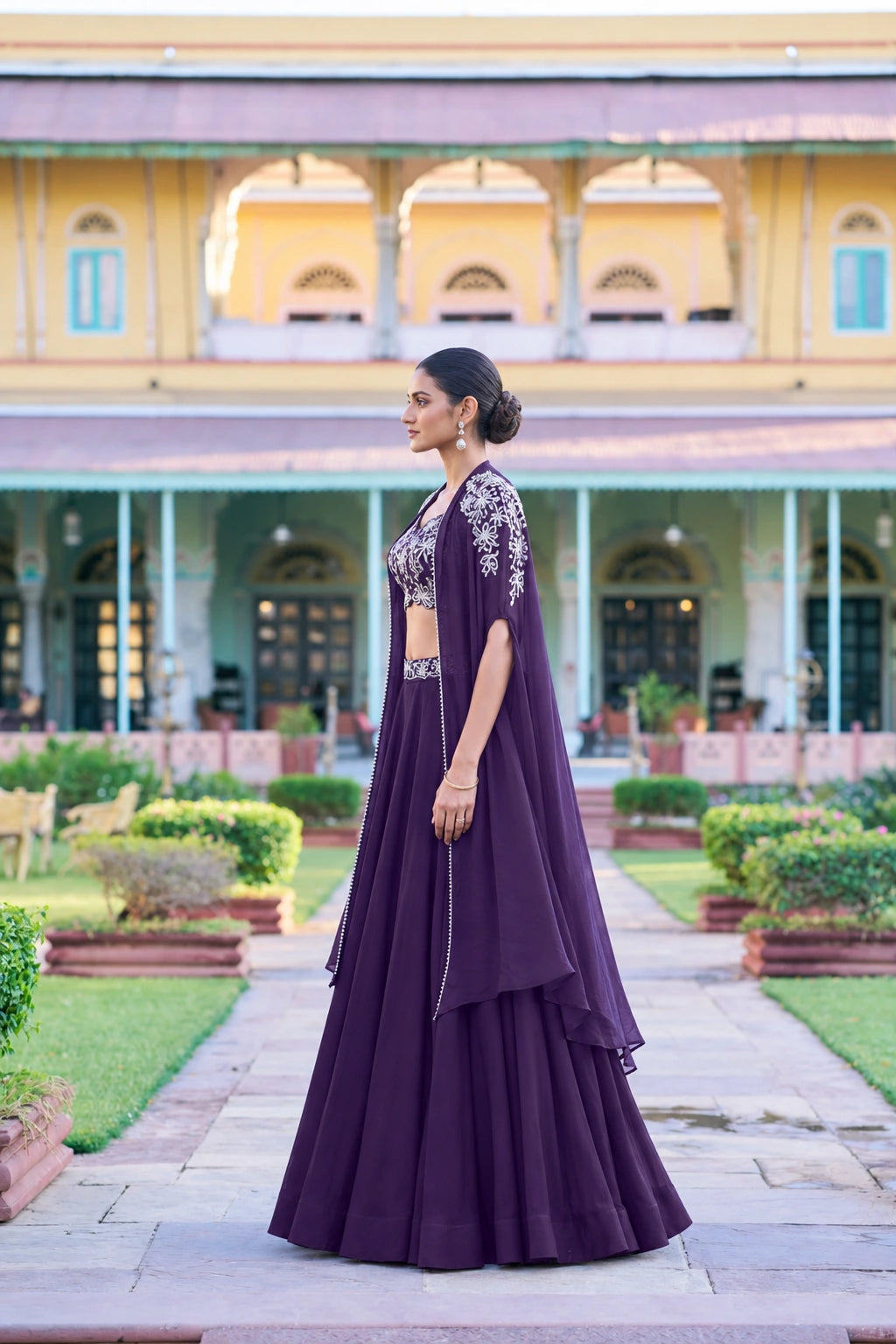 Wine Purple Cape Style Chinon Lehenga with Embroidered Crop Top