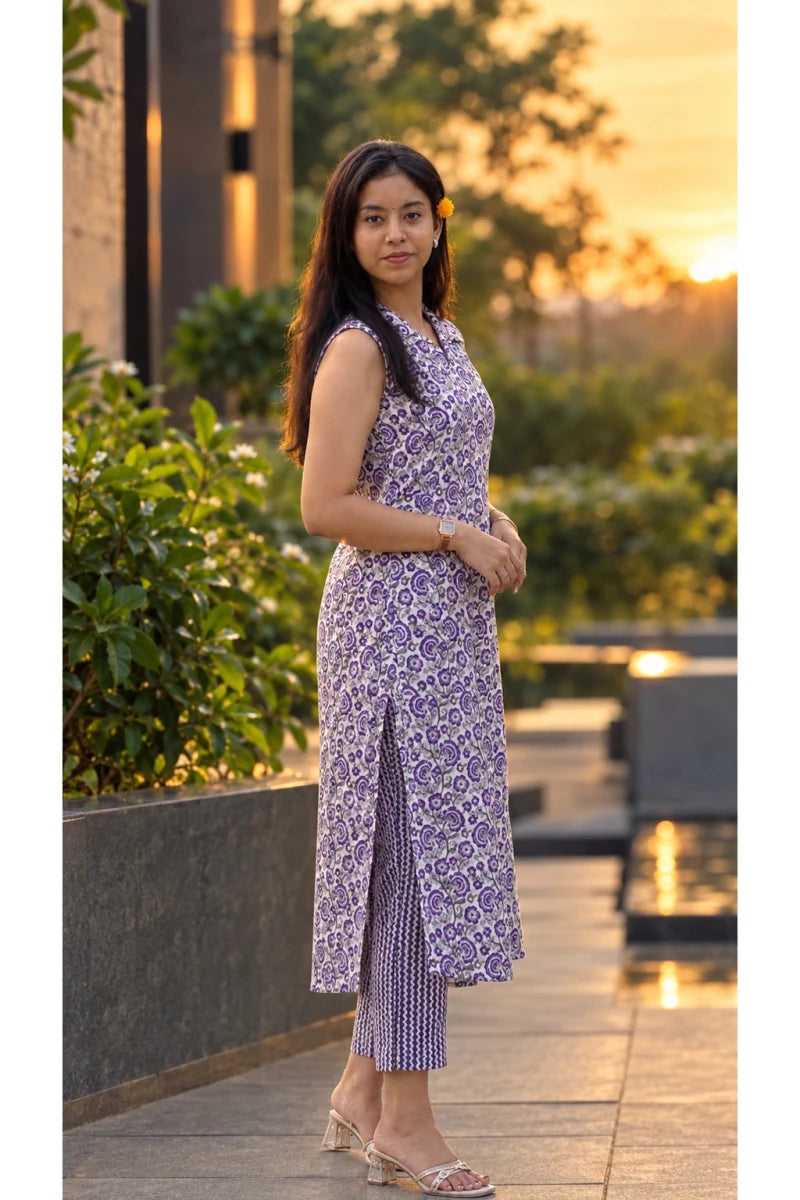 Purple Floral Printed Sleeveless Kurti Set with Pants for Women & Girls - Aira Fabrics Designer Studio