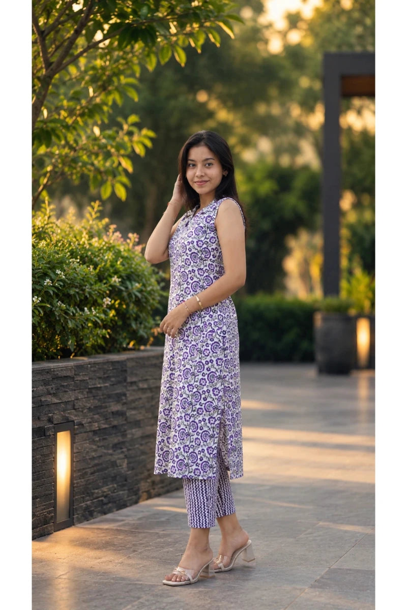 Purple Floral Printed Sleeveless Kurti Set with Pants for Women & Girls - Aira Fabrics Designer Studio