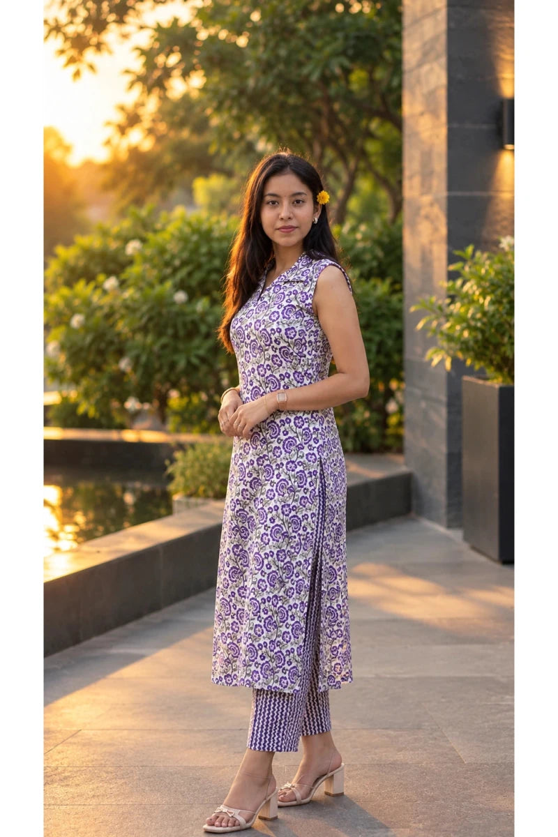Purple Floral Printed Sleeveless Kurti Set with Pants for Women & Girls - Aira Fabrics Designer Studio