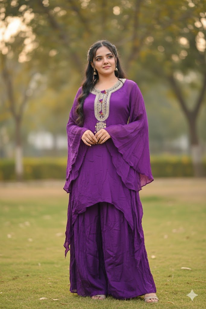 Purple Kurti And Palazzo Set With Zardozi Embroidery For Women & Girls - Aira Fabrics Designer Studio