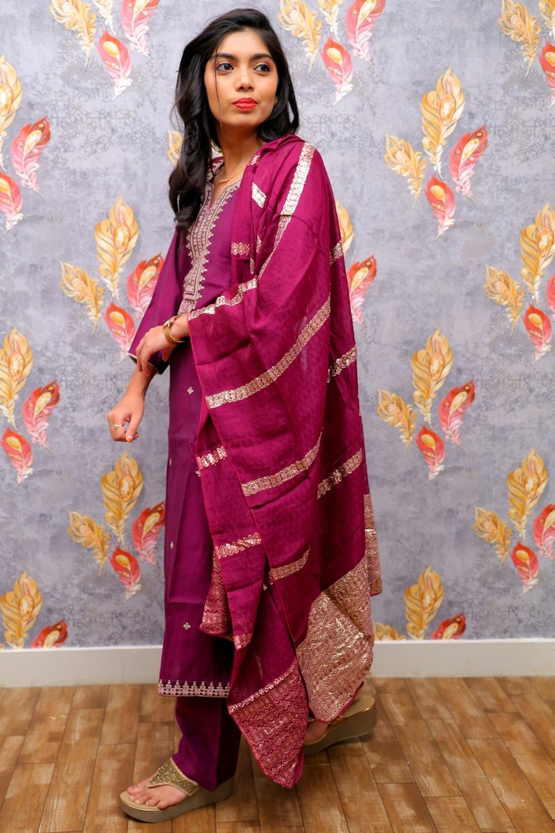 Purple Kurti With Embellished Silver Yoke For Women & Girls - Aira Fabrics Designer Studio