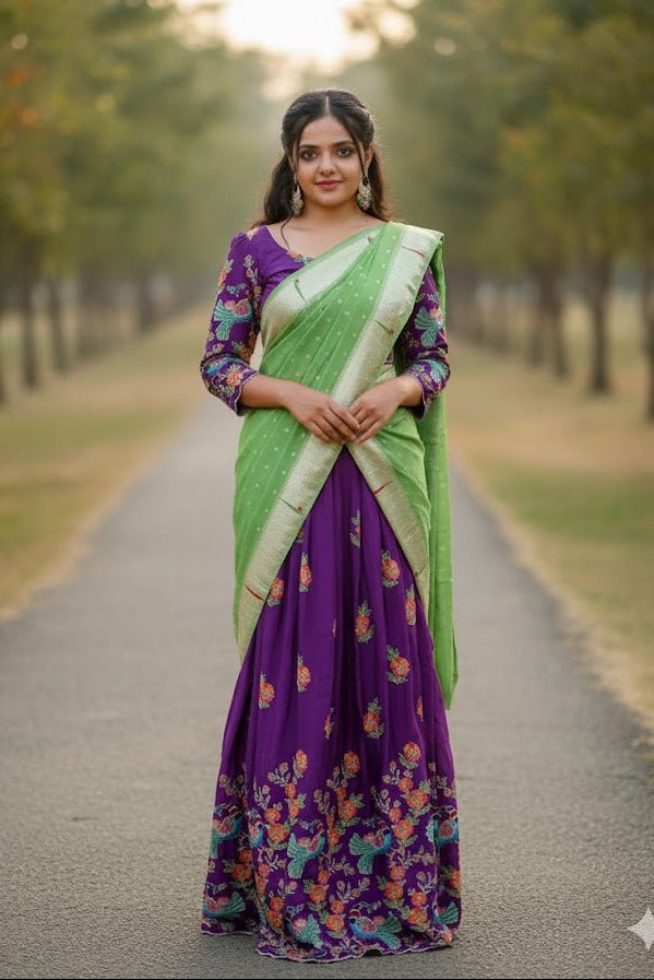 Purple Pen Kalamkari Blouse With Lehenga And Green Dupatta For Women & Girls - Aira Fabrics Designer Studio