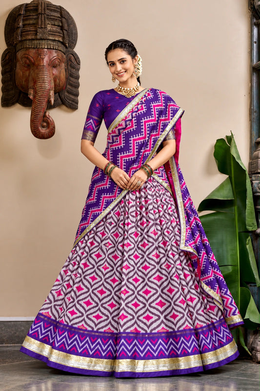 Purple & Pink Ikat Print Silk Half Saree with Zari Border