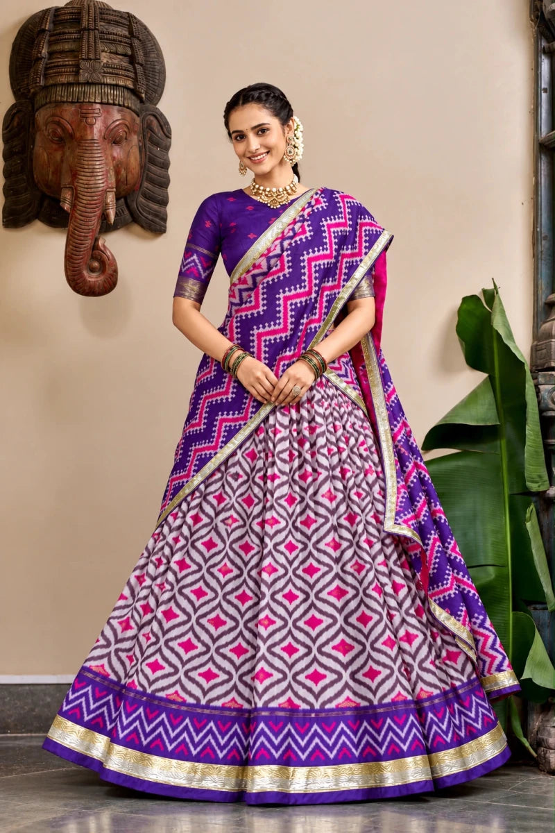 Purple & Pink Ikat Print Silk Half Saree with Zari Border - Aira Fabrics Designer Studio