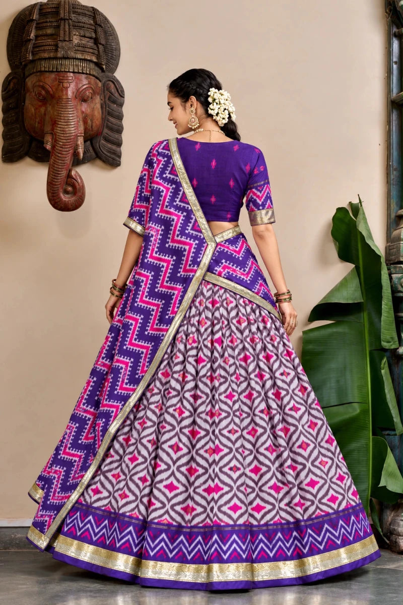 Purple & Pink Ikat Print Silk Half Saree with Zari Border - Aira Fabrics Designer Studio