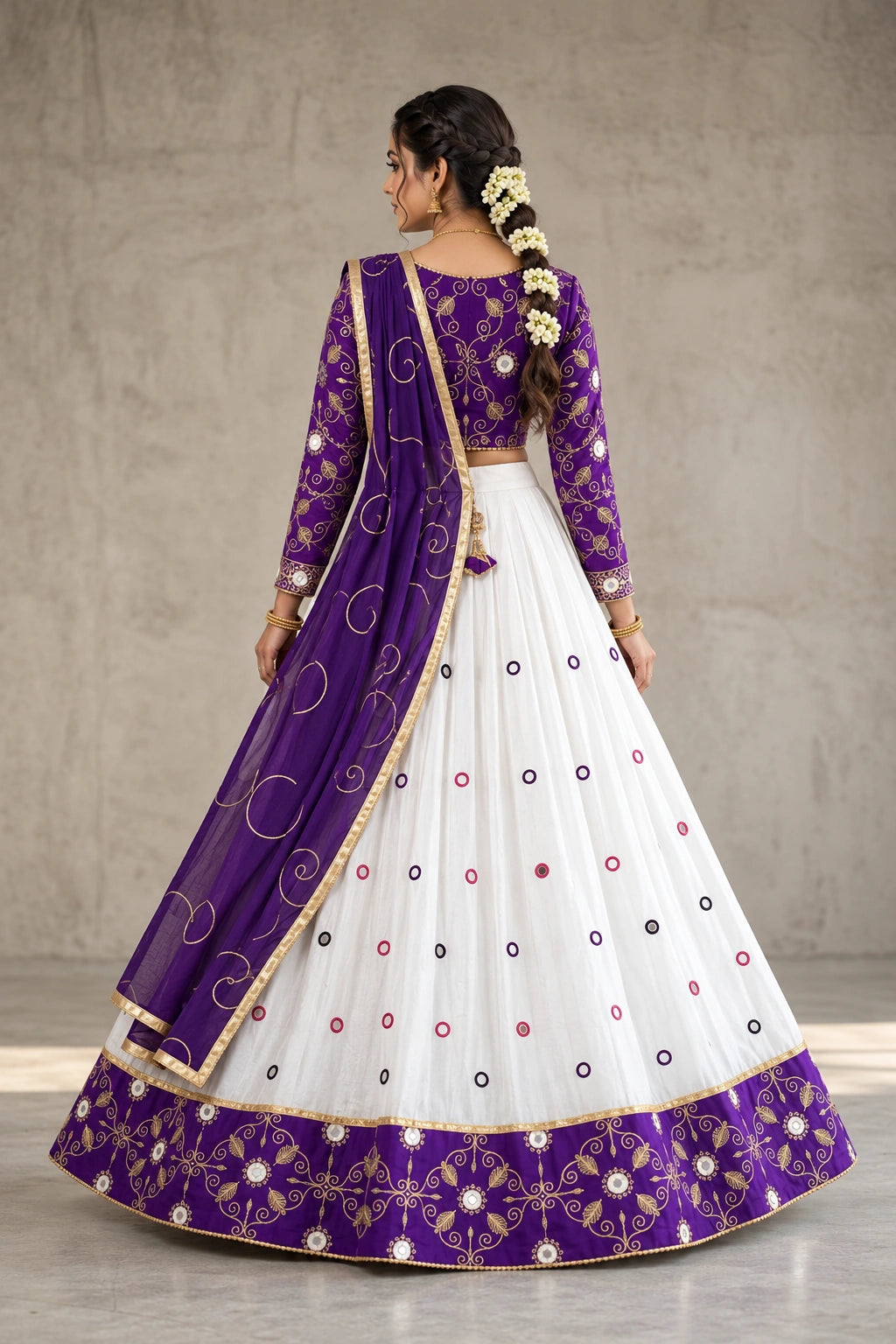 Purple & White Cotton Half Saree with Mirror Work & Embroidered Border
