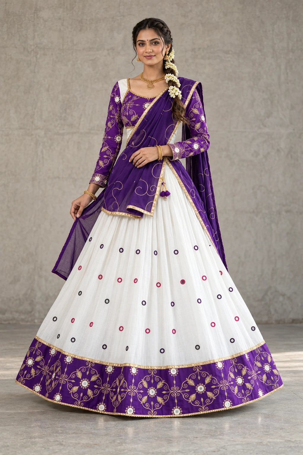 Purple & White Cotton Half Saree with Mirror Work & Embroidered Border