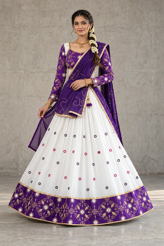 Purple & White Cotton Half Saree with Mirror Work & Embroidered Border