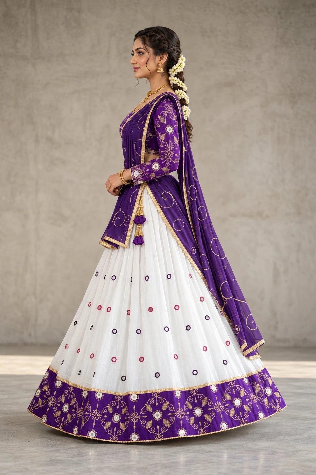 Purple & White Cotton Half Saree with Mirror Work & Embroidered Border