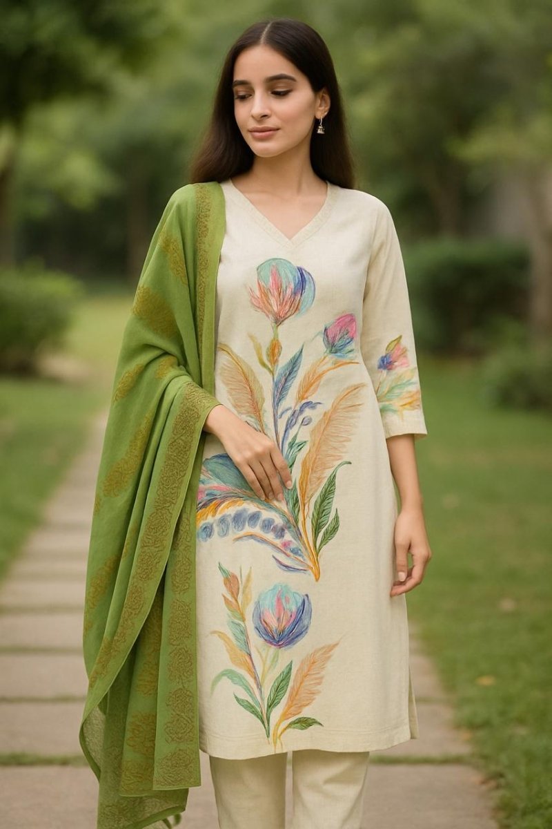 Rama Green Off White Print 2 Piece Kurta Set For Women - Aira Fabrics Designer Studio