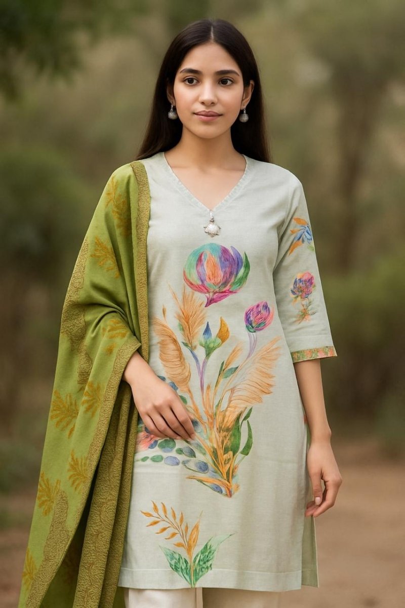 Rama Green Off White Print 2 Piece Kurta Set For Women - Aira Fabrics Designer Studio