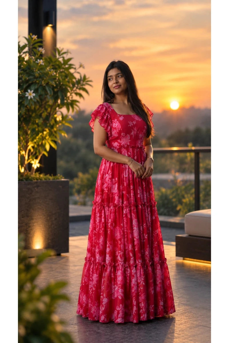 Red Floral Print Tiered Maxi Gown with Ruffle Sleeves for Women - Aira Fabrics Designer Studio