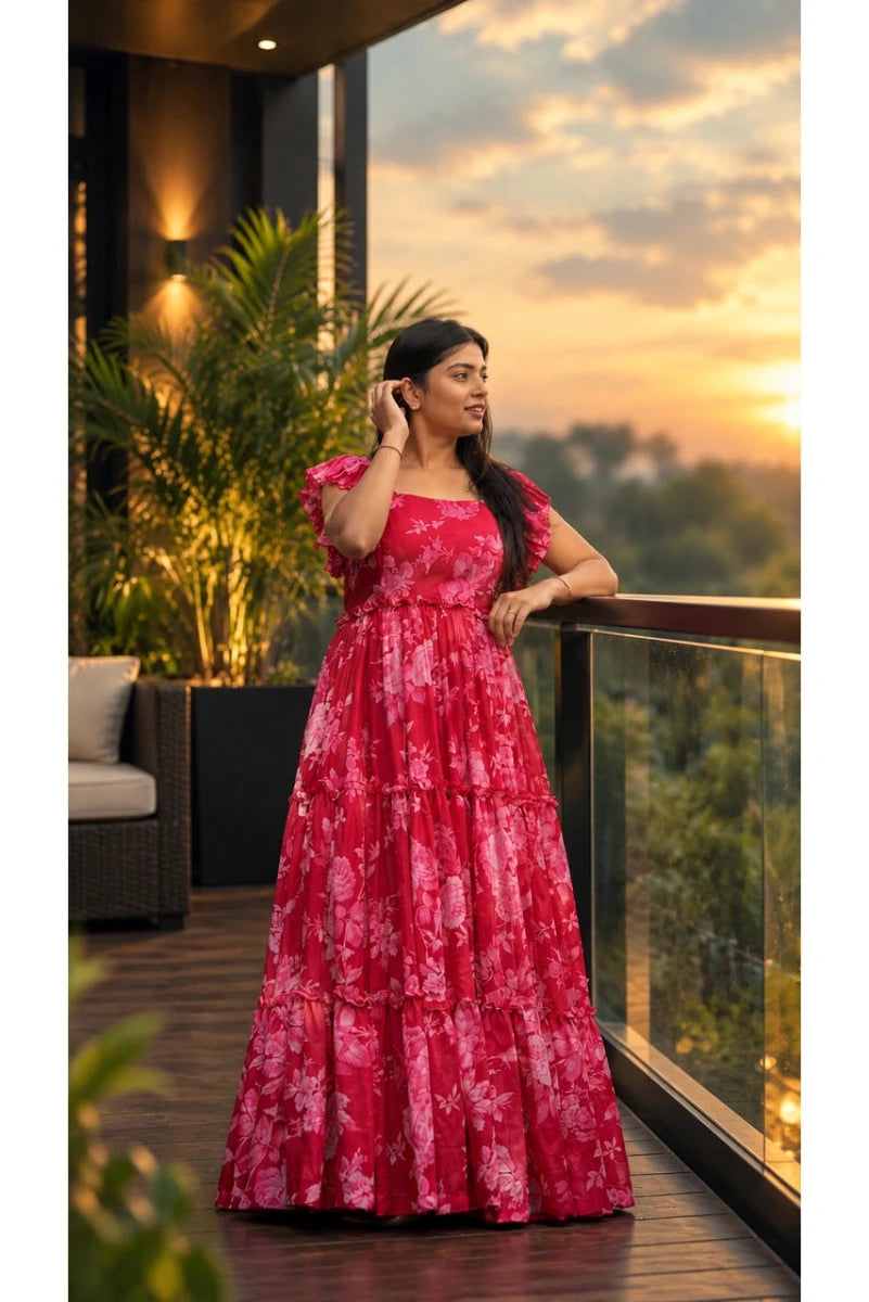 Red Floral Print Tiered Maxi Gown with Ruffle Sleeves for Women - Aira Fabrics Designer Studio