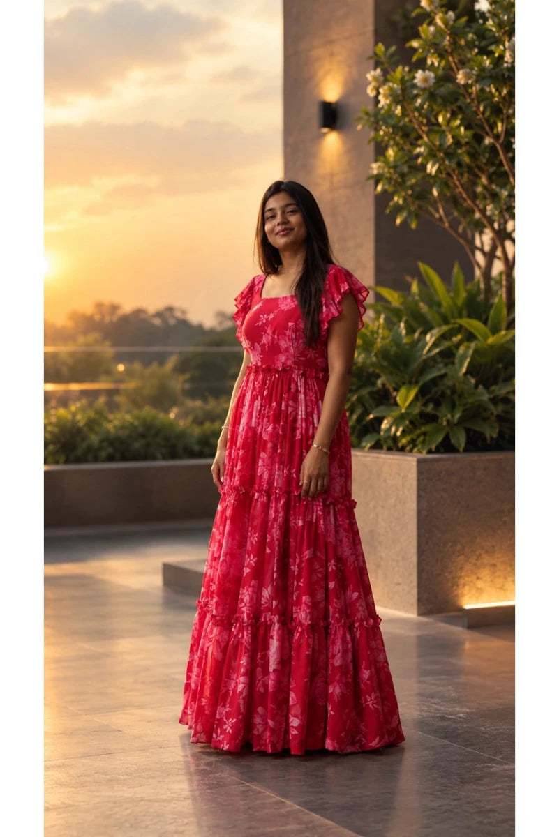Red Floral Print Tiered Maxi Gown with Ruffle Sleeves for Women - Aira Fabrics Designer Studio