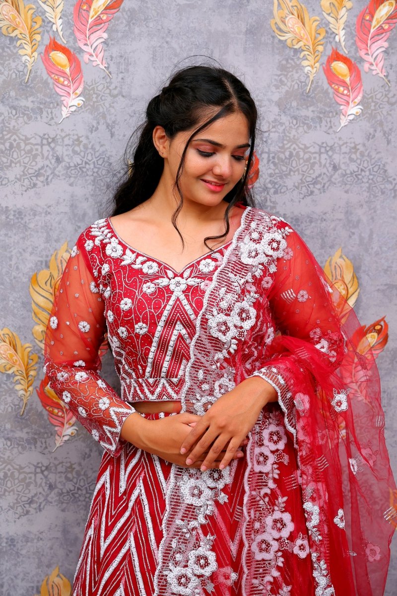 Red Lehenga Choli With Floral Motifs, Geometric Shapes, And Chevron Pattern For Women & Girls - Aira Fabrics Designer Studio