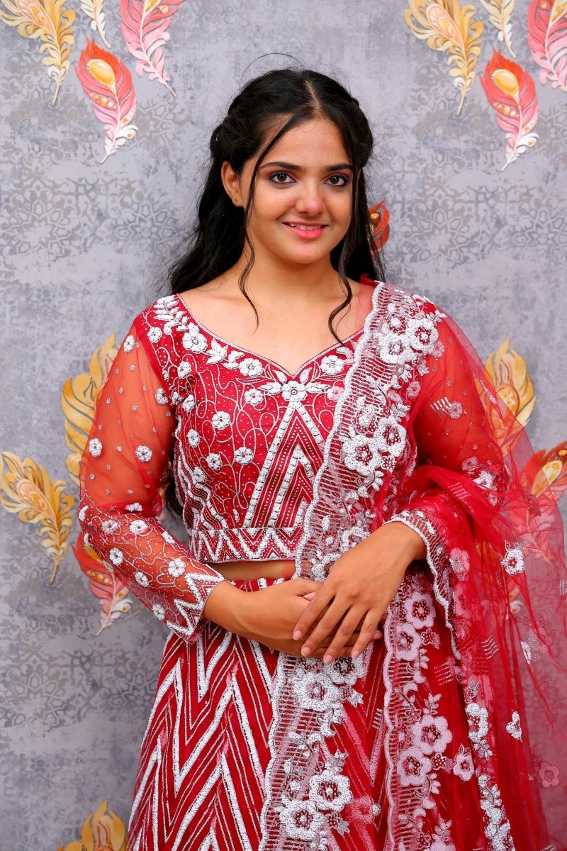 Red Lehenga Choli With Floral Motifs, Geometric Shapes, And Chevron Pattern For Women & Girls - Aira Fabrics Designer Studio