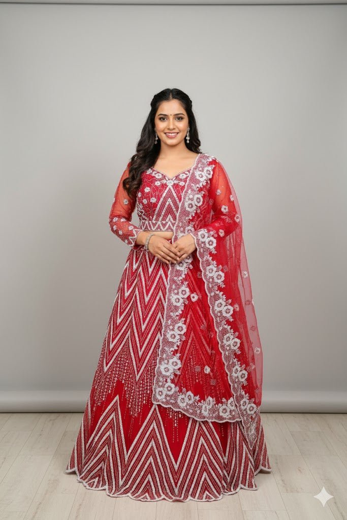 Red Lehenga Choli With Floral Motifs, Geometric Shapes, And Chevron Pattern For Women & Girls - Aira Fabrics Designer Studio