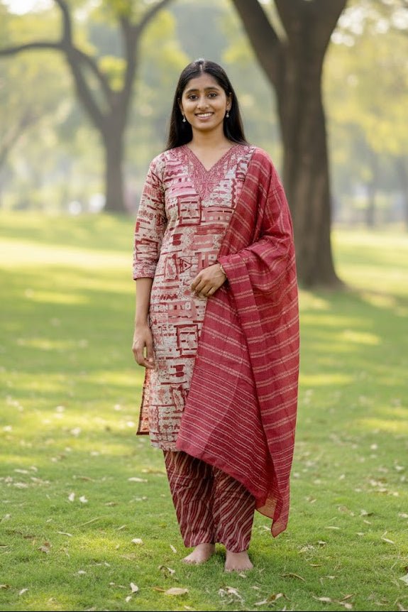Red Printed Kurti Set With Dupatta For Women & Girls - Aira Fabrics Designer Studio