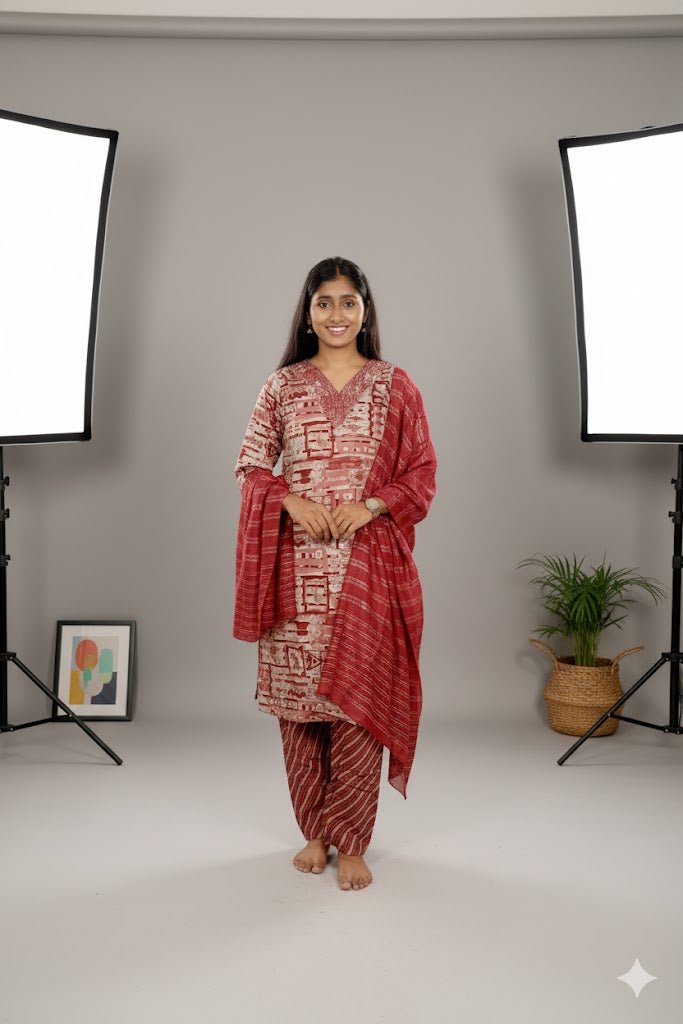 Red Printed Kurti Set With Dupatta For Women & Girls - Aira Fabrics Designer Studio