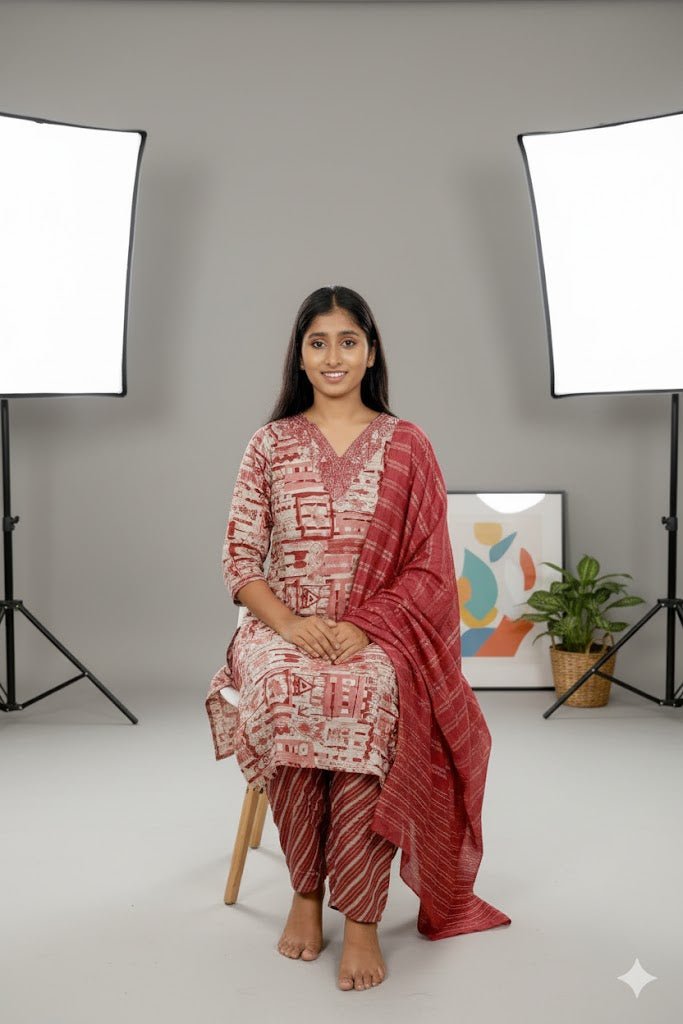 Red Printed Kurti Set With Dupatta For Women & Girls - Aira Fabrics Designer Studio