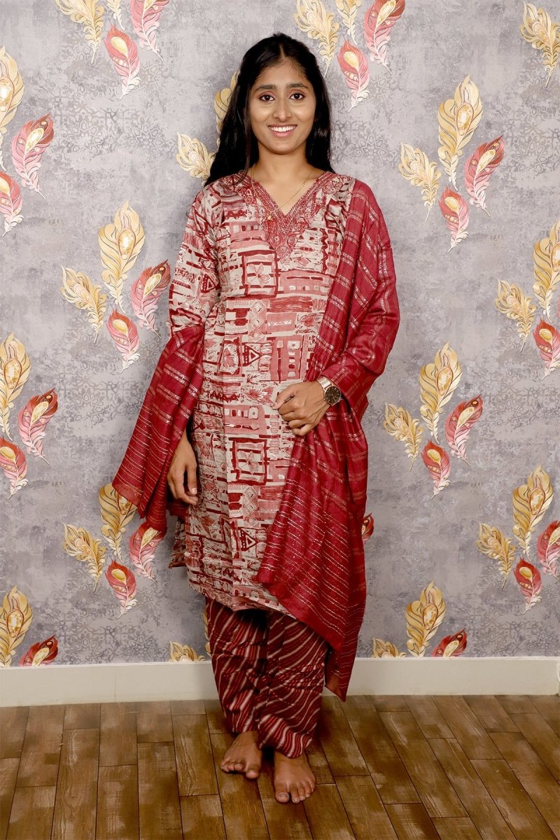 Red Printed Kurti Set With Dupatta For Women & Girls - Aira Fabrics Designer Studio