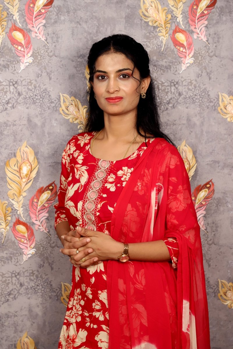 Red & White Floral Print Salwar Kameez With A Solid Dupatta For Women & Girls - Aira Fabrics Designer Studio