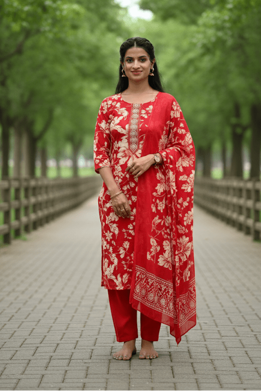 Red & White Floral Print Salwar Kameez With A Solid Dupatta For Women & Girls - Aira Fabrics Designer Studio