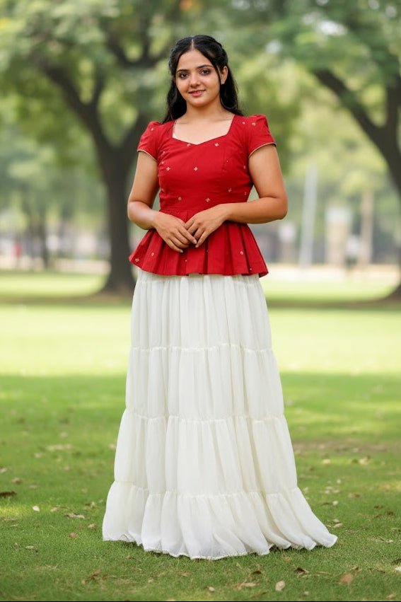 Red & White Top With Square Neckline And Puff Sleeves Lehenga For Women & Girls - Aira Fabrics Designer Studio