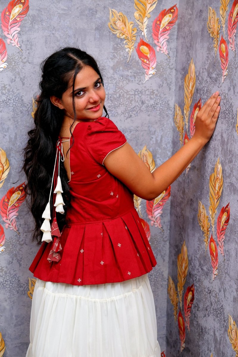 Red & White Top With Square Neckline And Puff Sleeves Lehenga For Women & Girls - Aira Fabrics Designer Studio