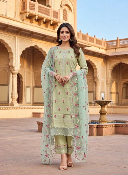 Dark Parrot Green 3P Piece Set With Dupatta For Women