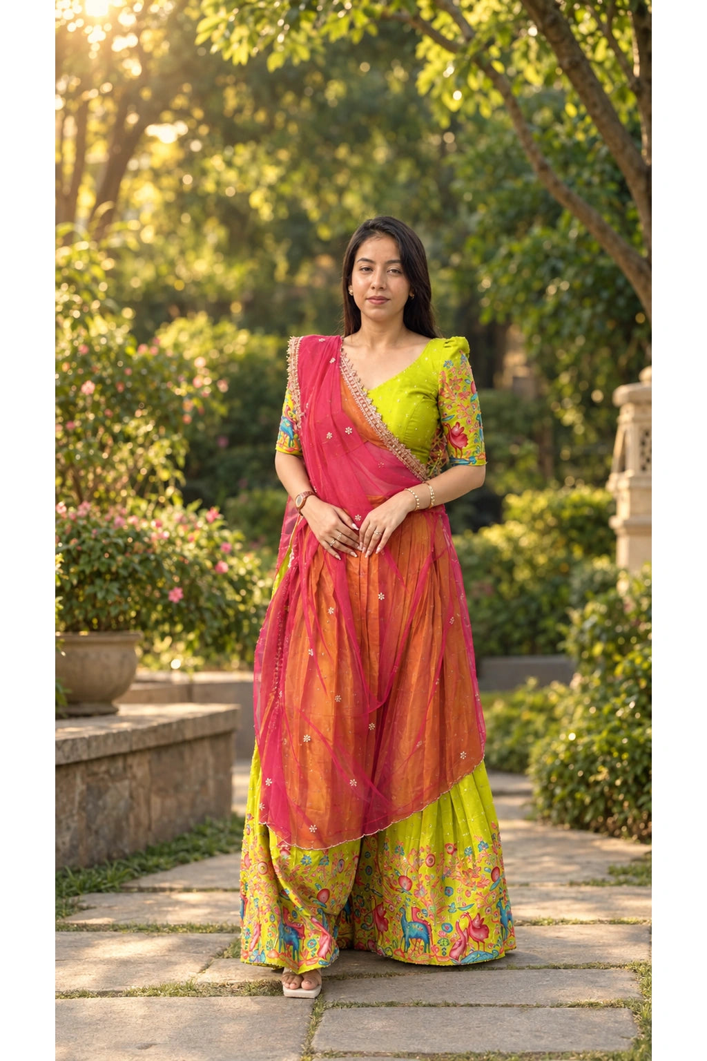 Lime Green Pichwai Print Half Saree with Pink Net Embroidered Dupatta for Women