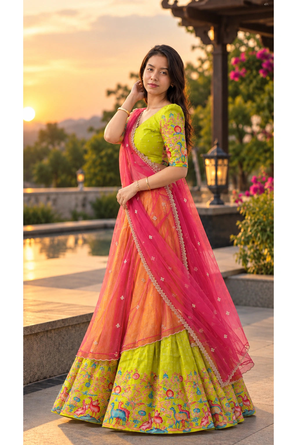 Lime Green Pichwai Print Half Saree with Pink Net Embroidered Dupatta for Women
