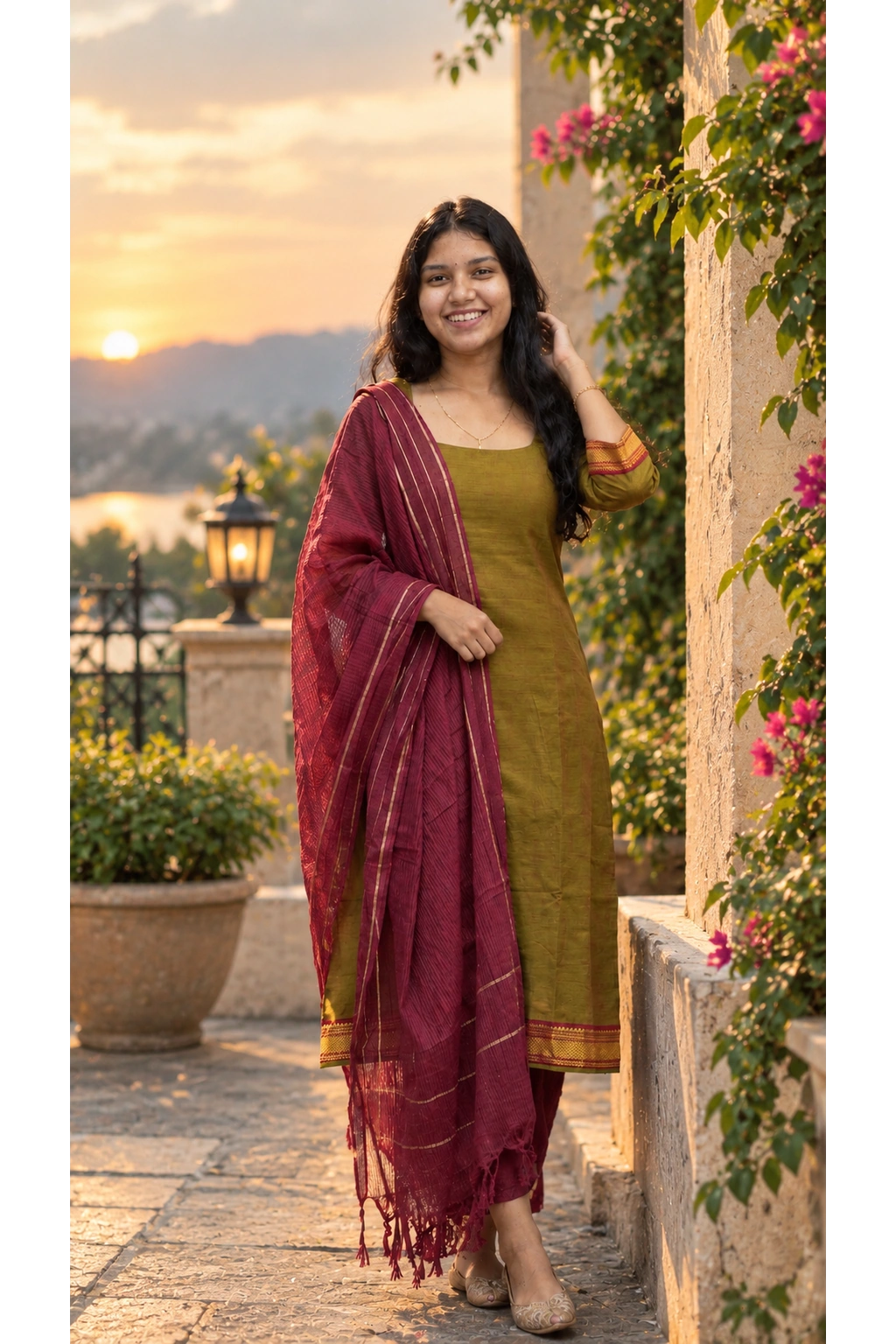 Olive Green Handloom Cotton Kurti Set with Maroon Zari Stripe Dupatta for Women