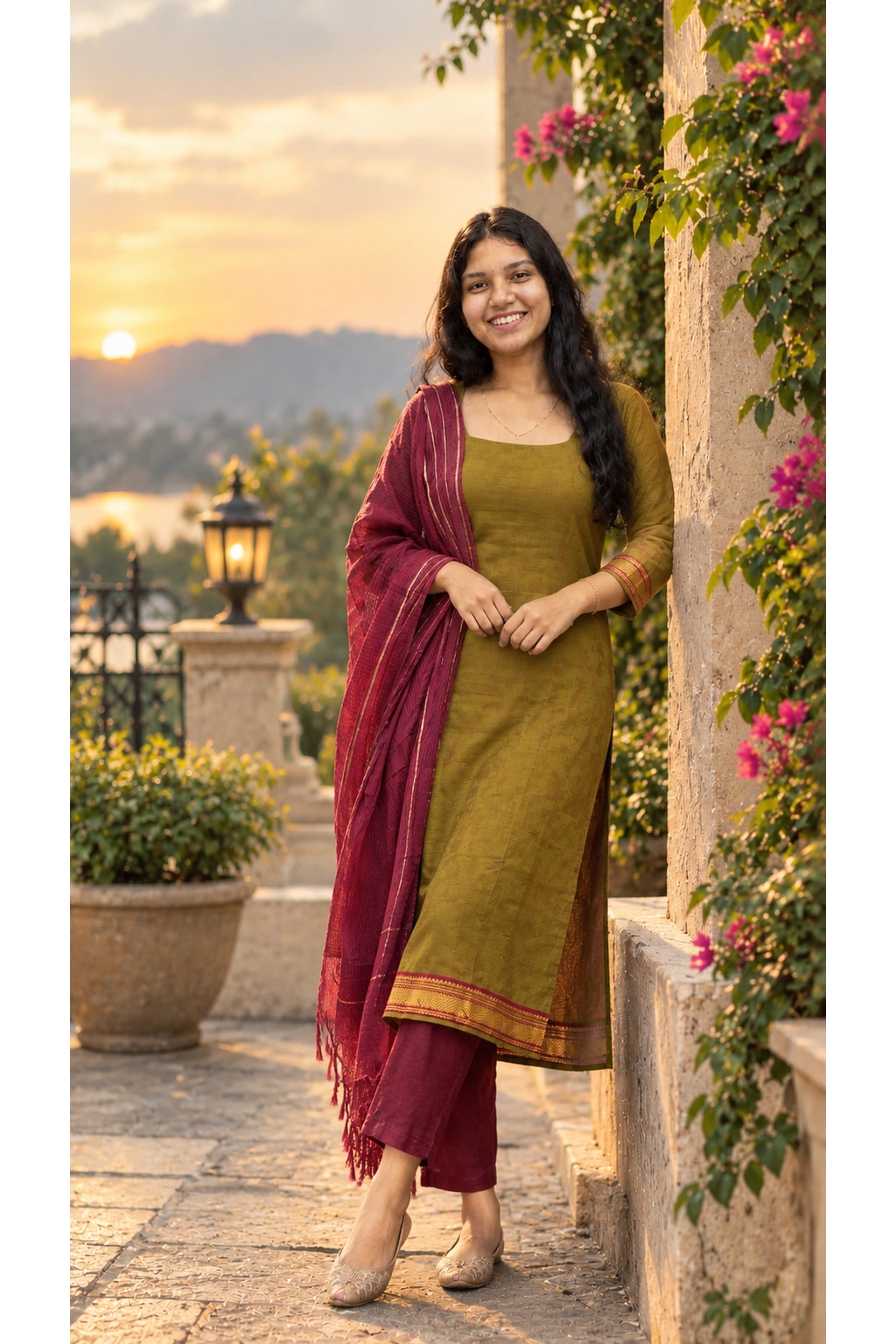 Olive Green Handloom Cotton Kurti Set with Maroon Zari Stripe Dupatta for Women