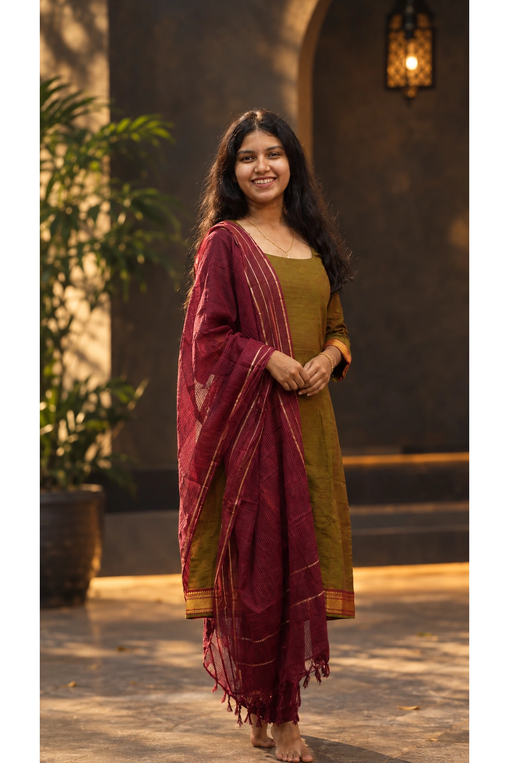 Olive Green Handloom Cotton Kurti Set with Maroon Zari Stripe Dupatta for Women
