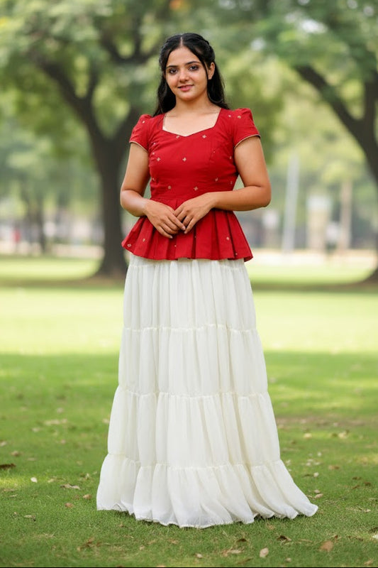Red & White Top With Square Neckline And Puff Sleeves Lehenga For Women & Girls