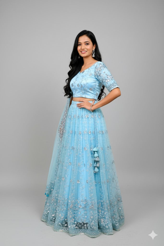 Light Blue Lehenga Choli With Silver Sequin Embroidery For Women & Girls